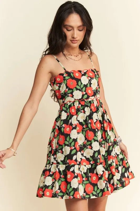 Davi & Dani Floral Scalloped Cutout Back Mini Dress - Black / S