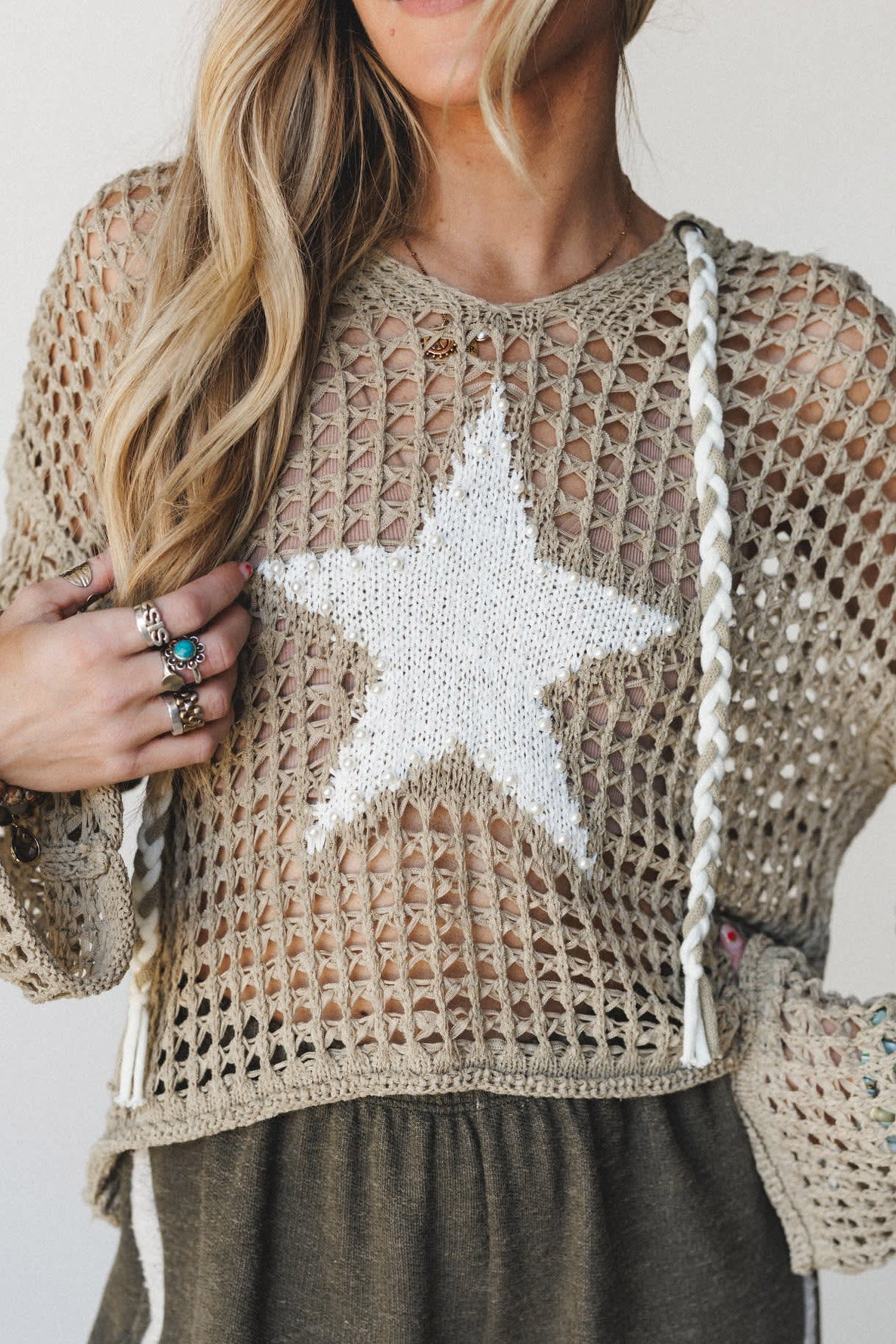 Sage Green Star Pattern Hollow Out Knit Contrast Drawstring Hooded Sweater