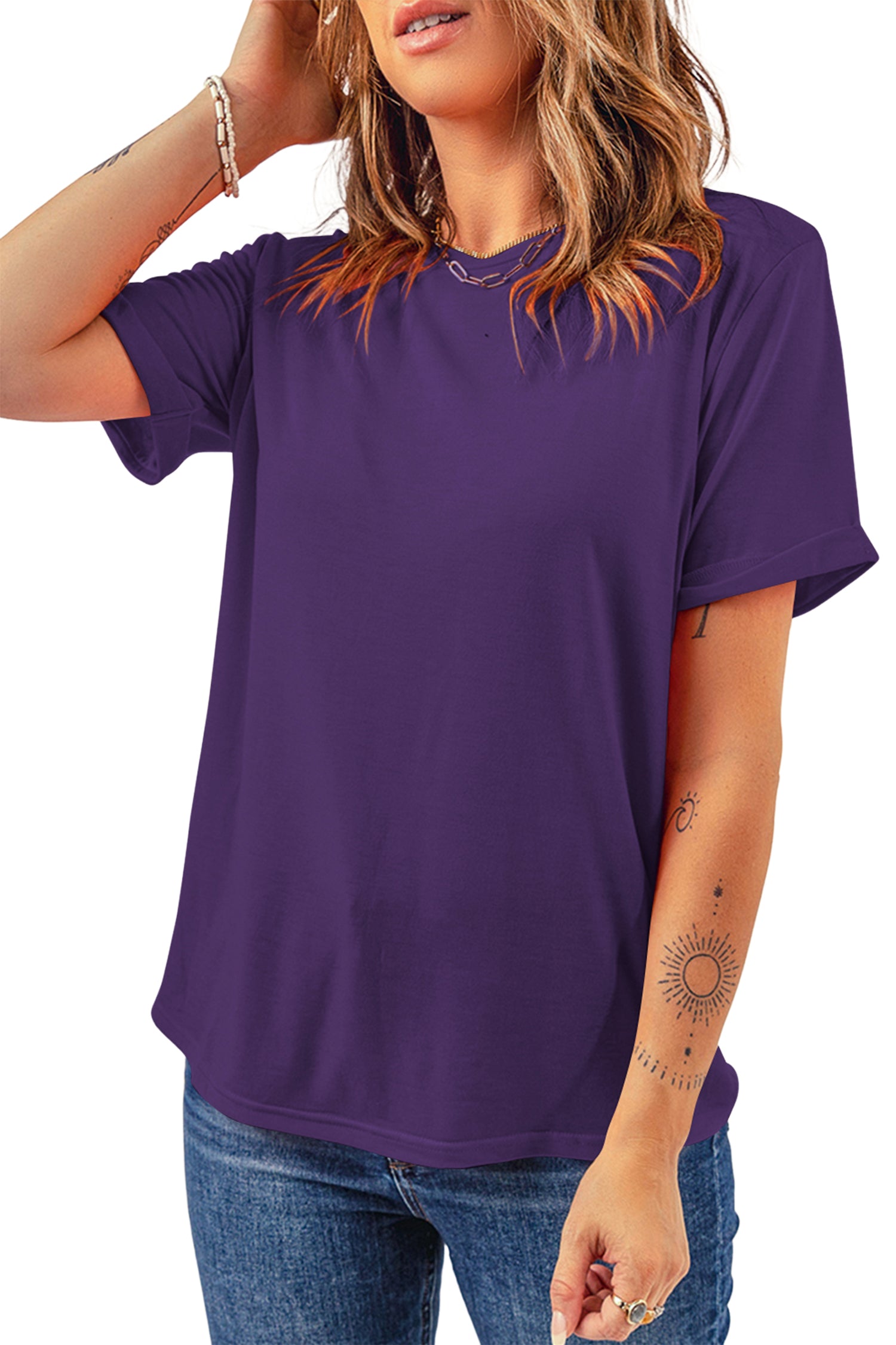 Sachet Pink Solid Color Basic Crew Neck Plain Tee