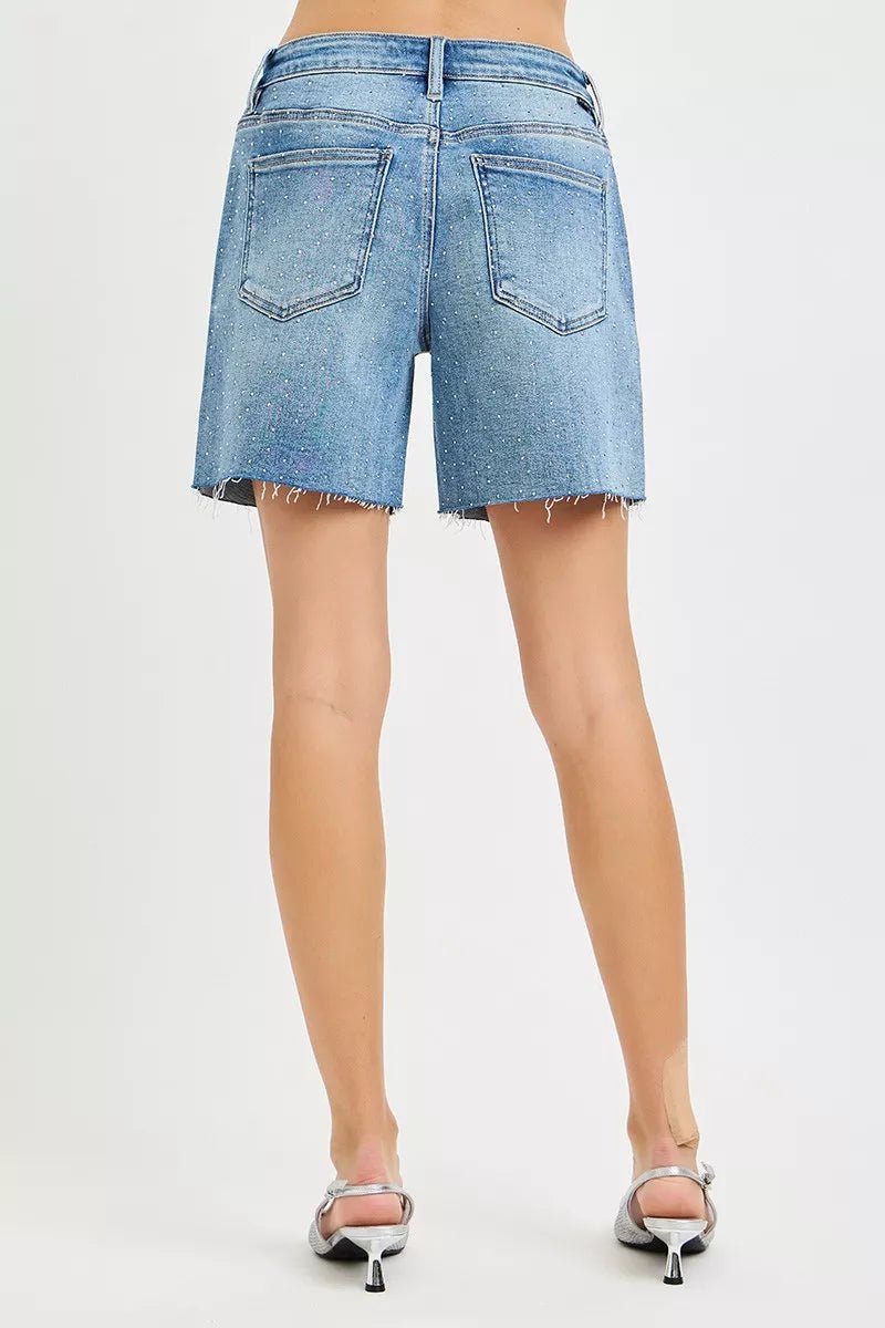 RISEN Slouchy Mid Length All Over Rhinestones Shorts - MEDIUM / S