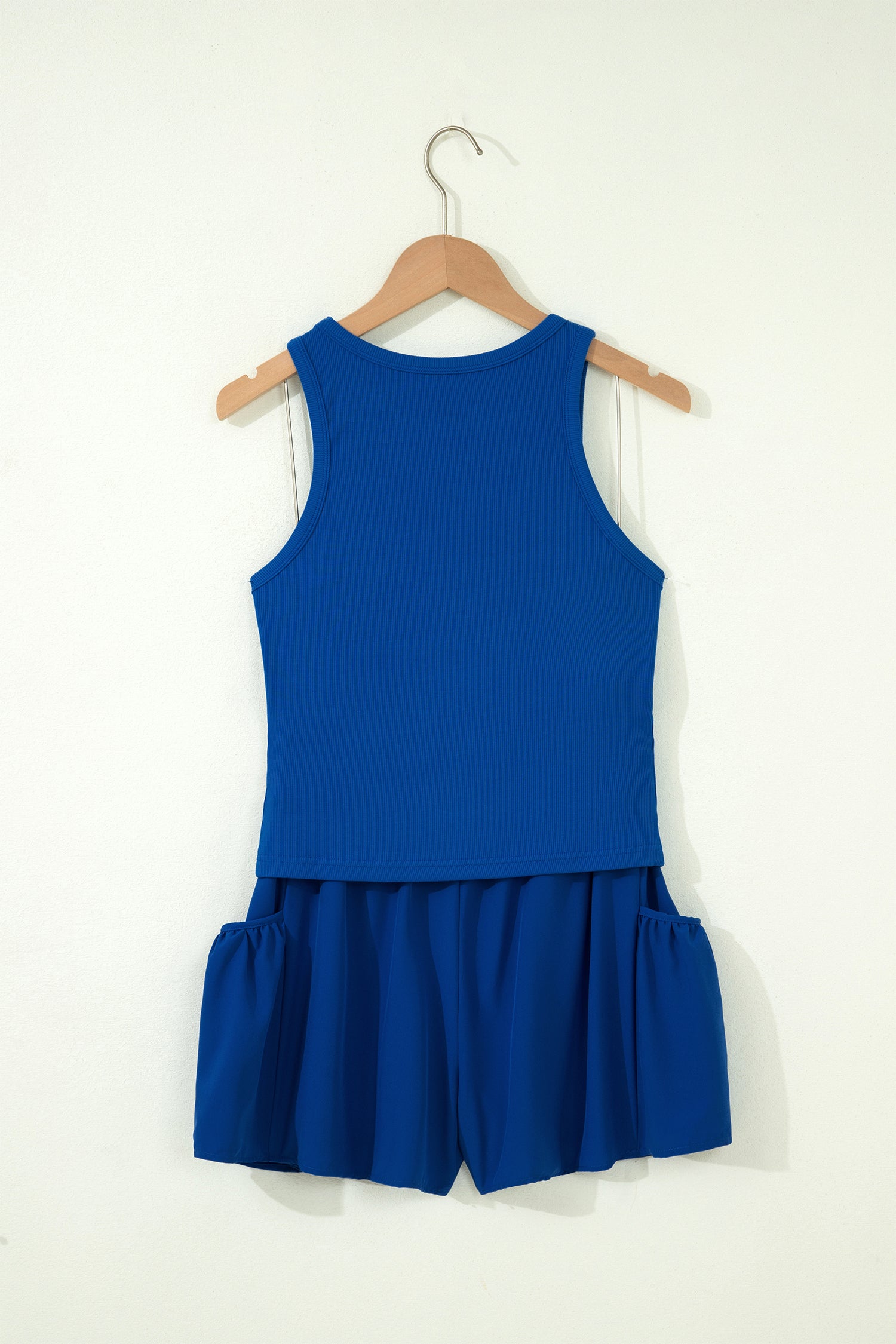 Mist Blue Ribbed Slim Tank Pocketed Wide Leg Shorts Set