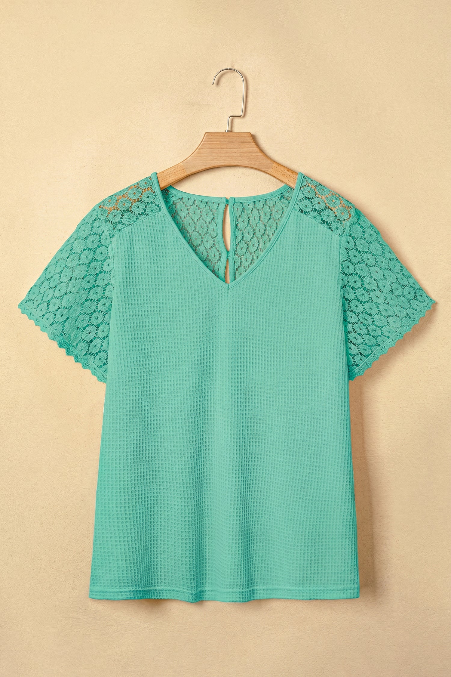 Pink Lace Splicing Button Cutout V Neck Waffle Knit Blouse