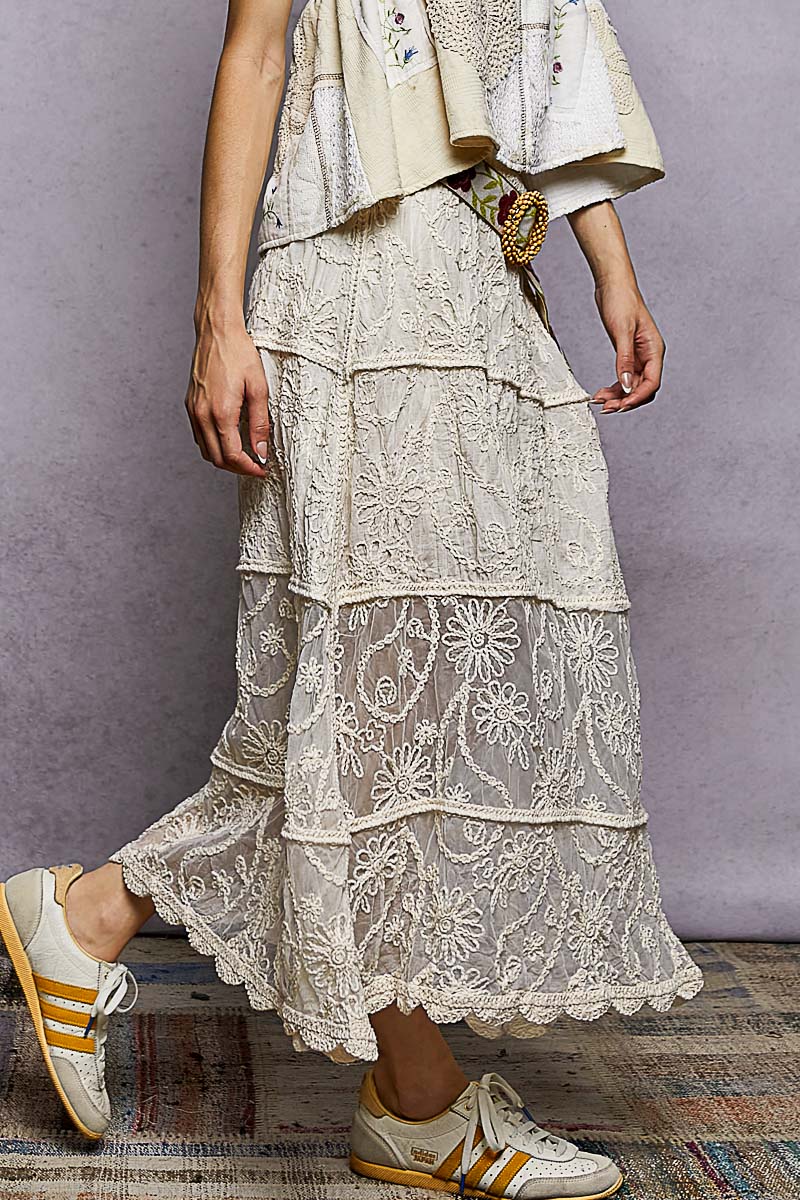 POL Floral Embroidered Tiered Crochet Skirt - NATURAL / One Size