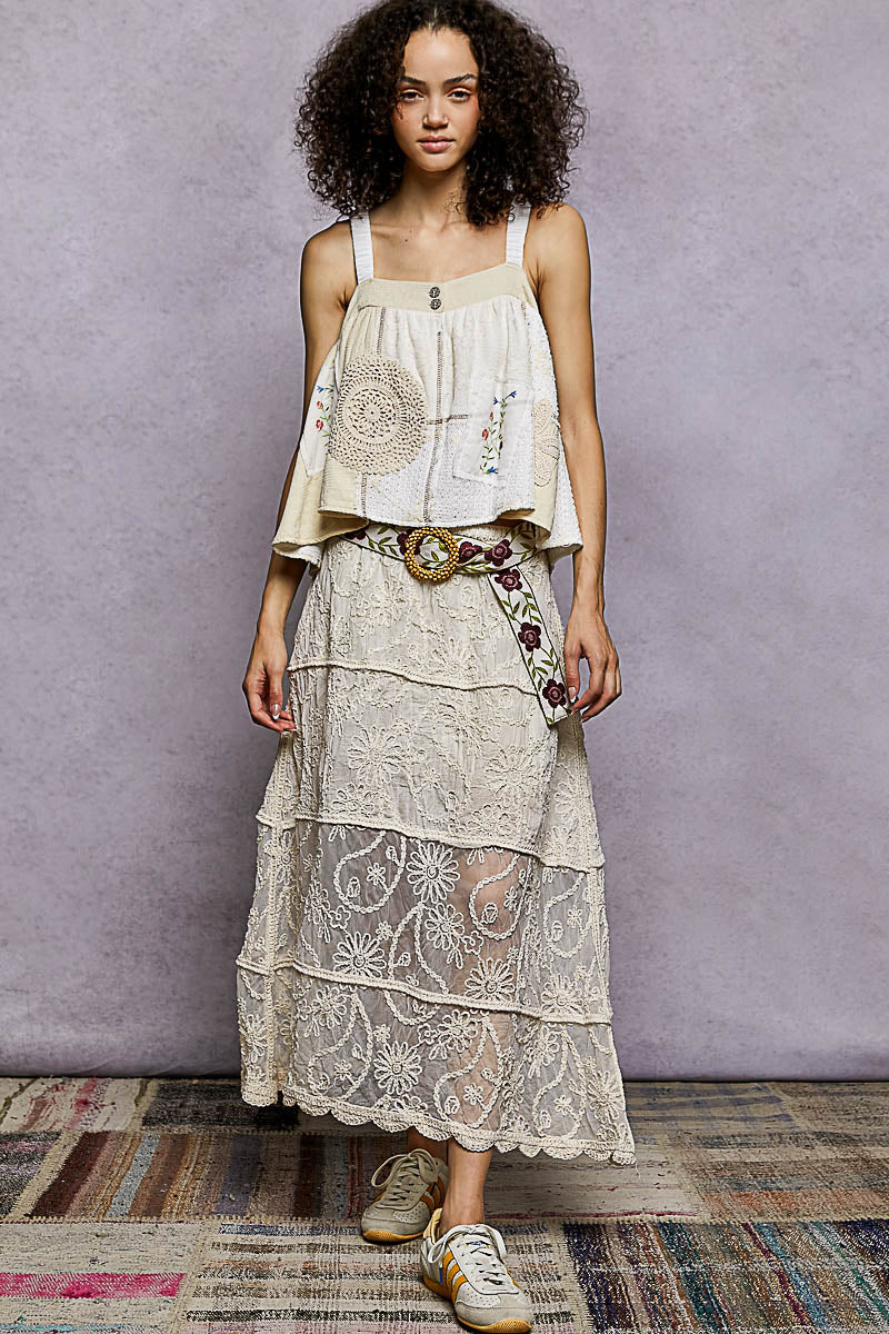 POL Floral Embroidered Tiered Crochet Skirt - NATURAL / One Size