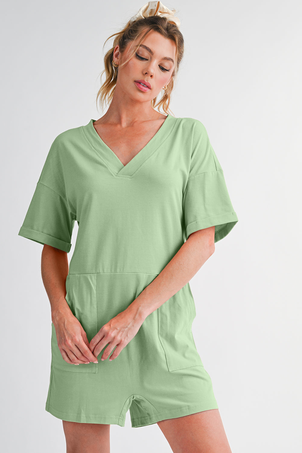 Grass Green Loose Half Sleeve V Neck Plain Romper