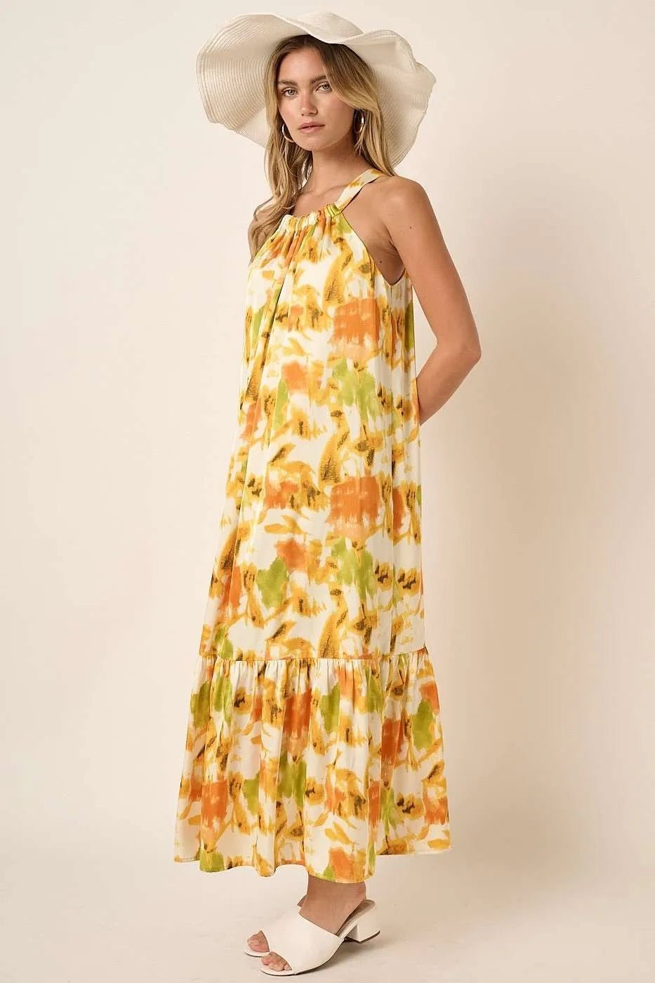 Mittoshop Watercolor Print Halter Neck Satin Maxi Dress - ORANGE / S