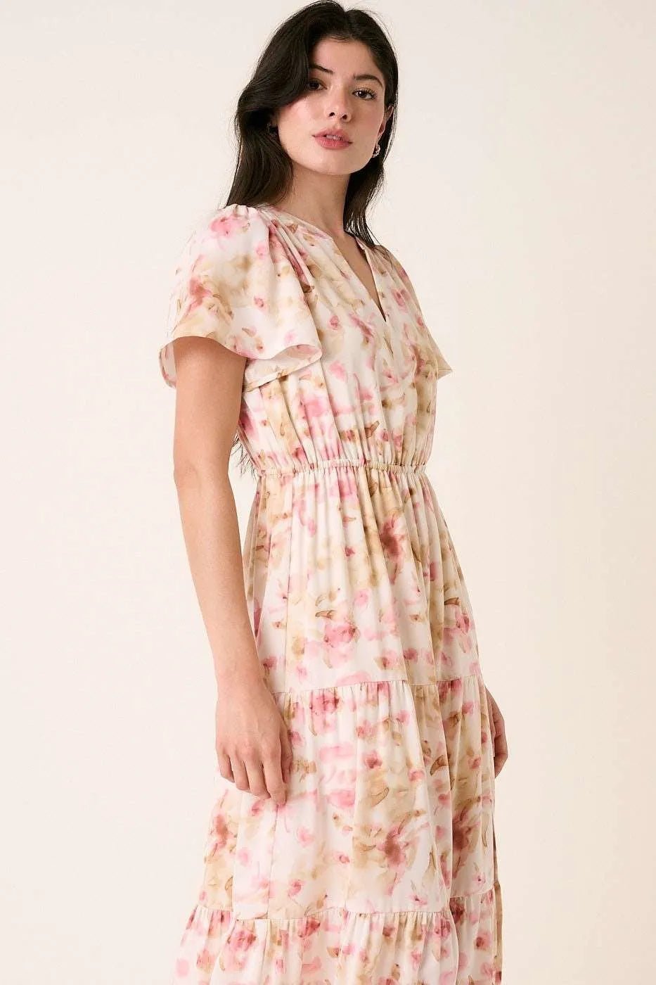 Mittoshop Flower Print Flutter Sleeve V Slit Maxi Dress - PINK / S