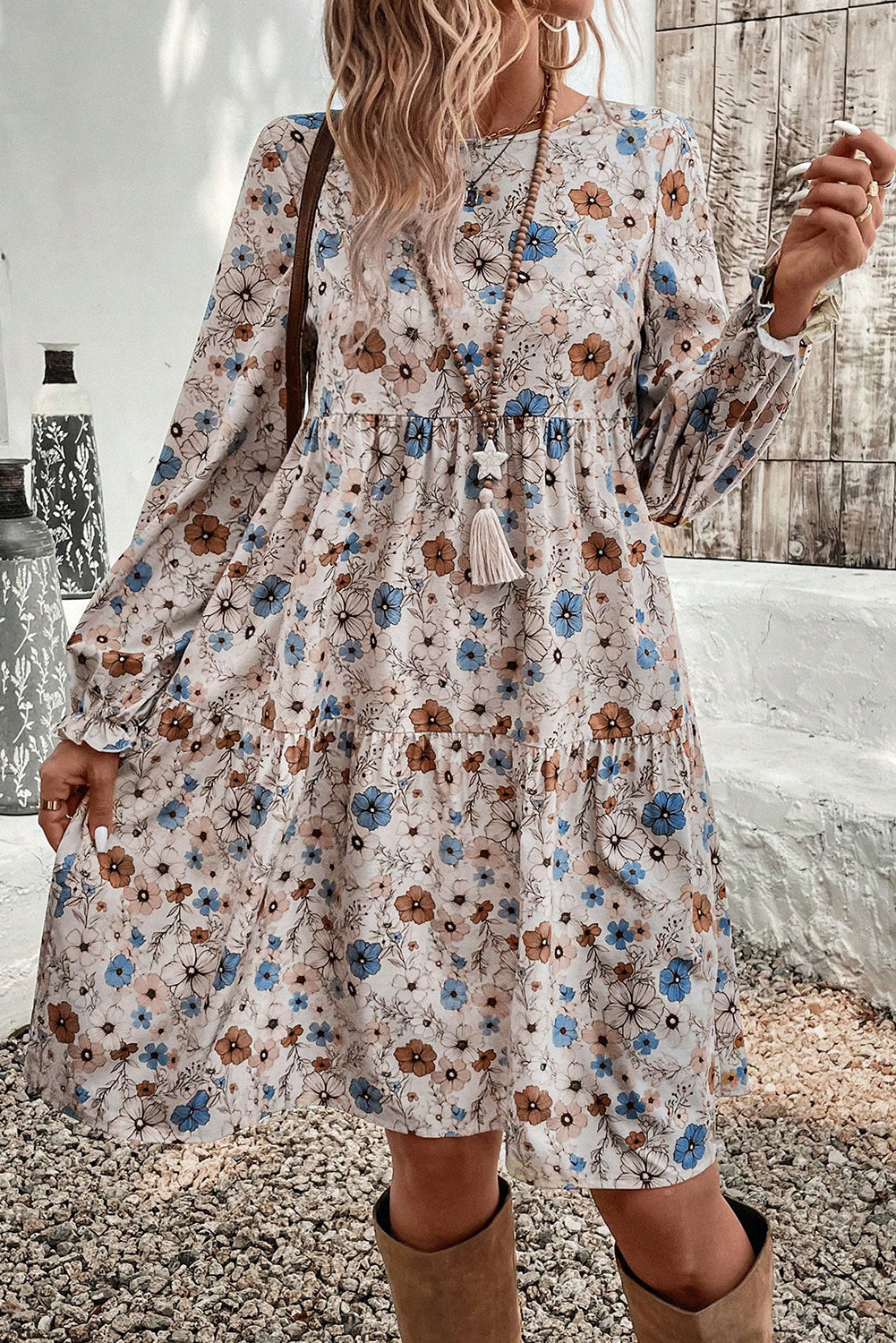 Khaki Floral Print Puff Sleeve Tiered Dress