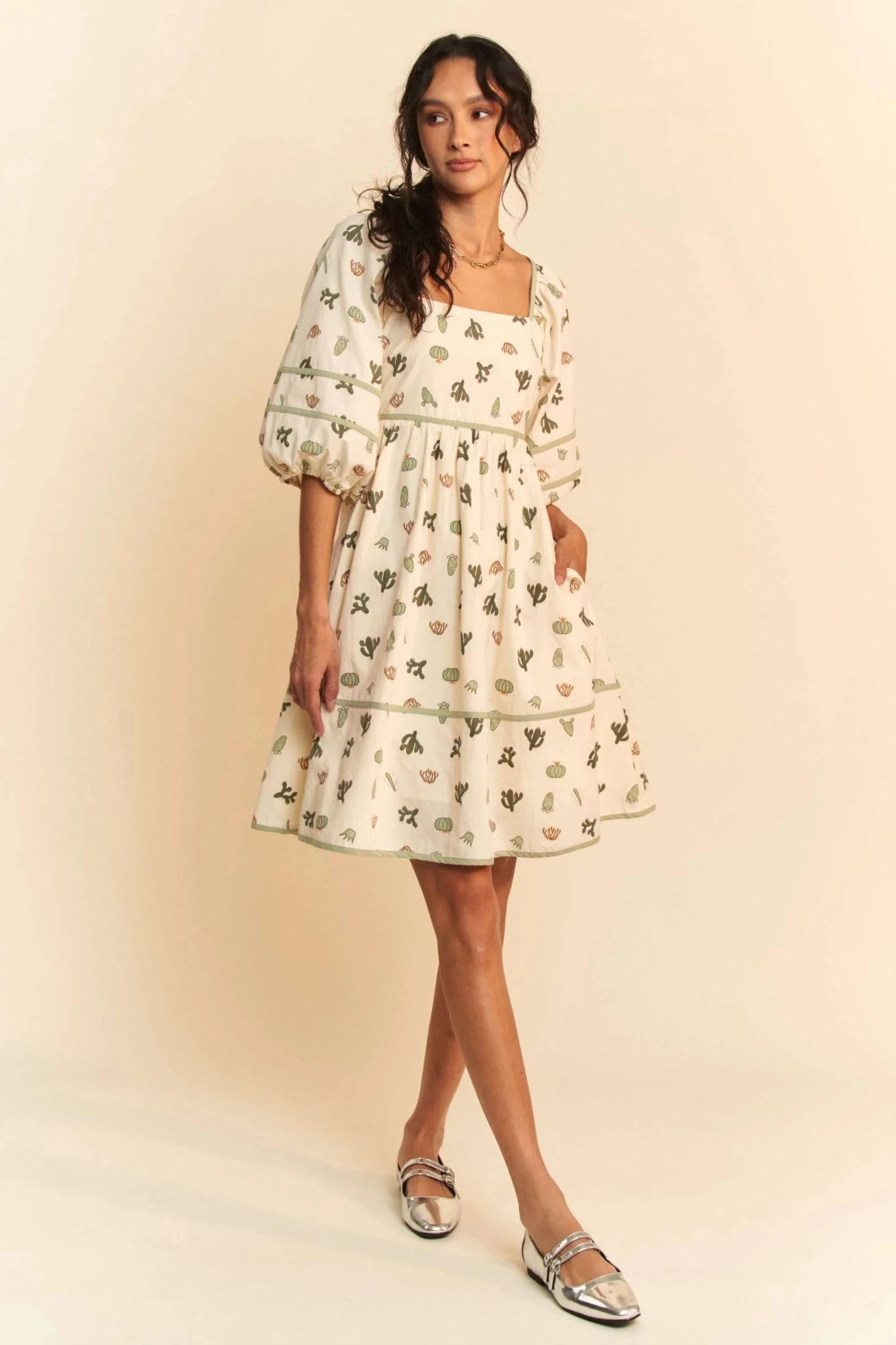Davi & Dani Cactus Printed Poplin Contrast Piping Mini Dress - CREAM/GREEN / S