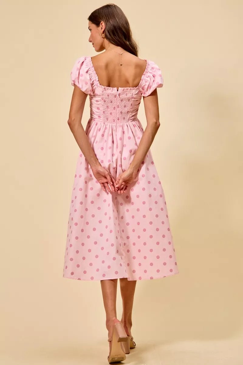 SO ME Polka Cotton Print Short Sleeves Midi Dress - PINK / S