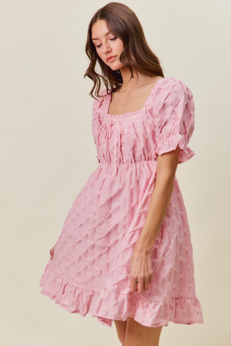 SO ME Texture Woven Ruching On Bust Mini Dress - PINK / S