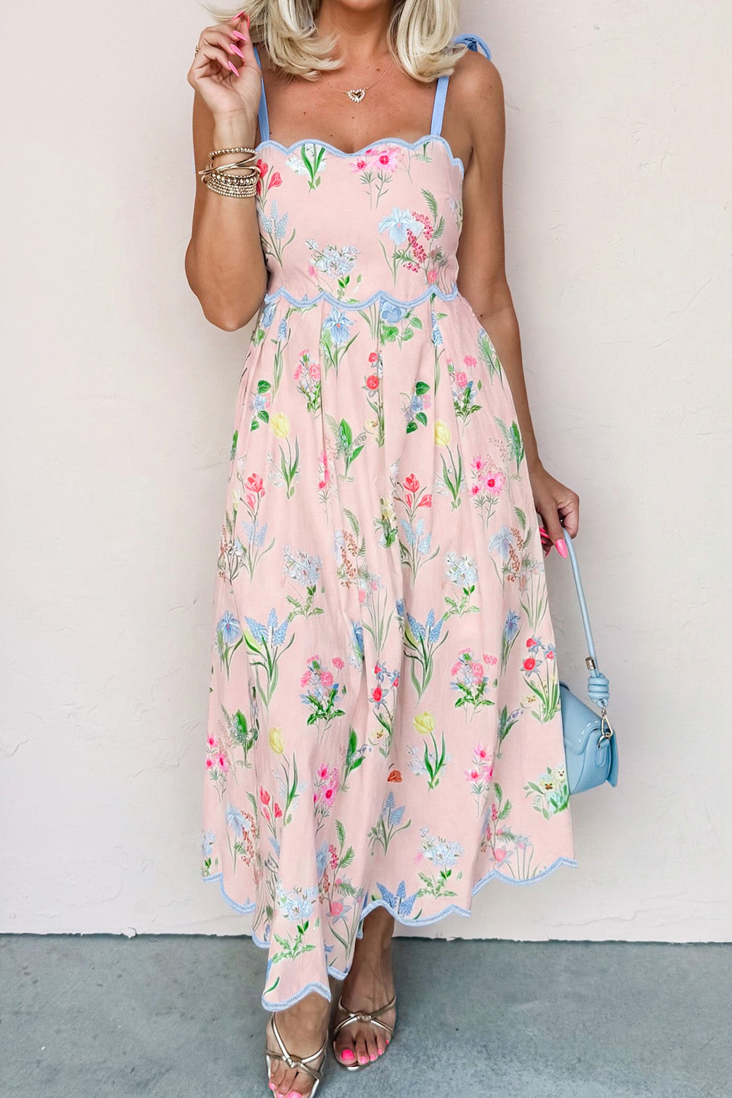 Yellow Floral Print Contrast Trim Self-tie Straps High Waist Midi Dress