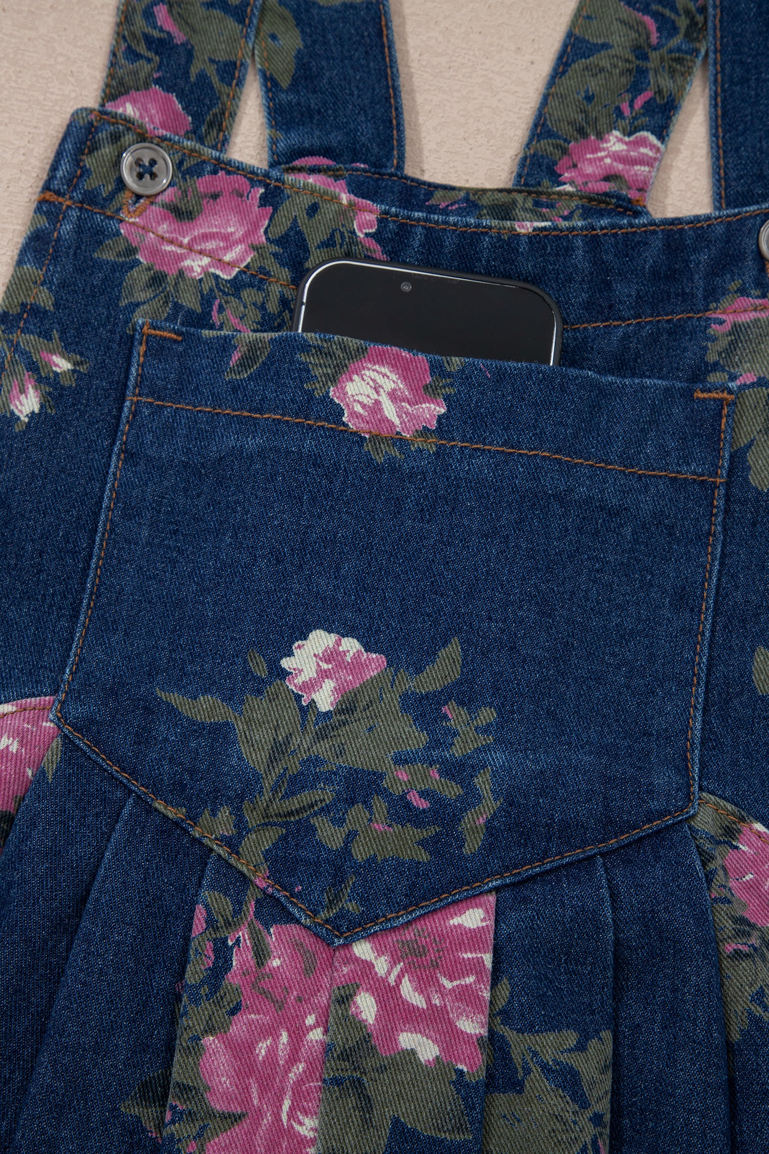 Beau Blue Floral Print Pleated High Waist Wide Leg Denim Jumpsuit