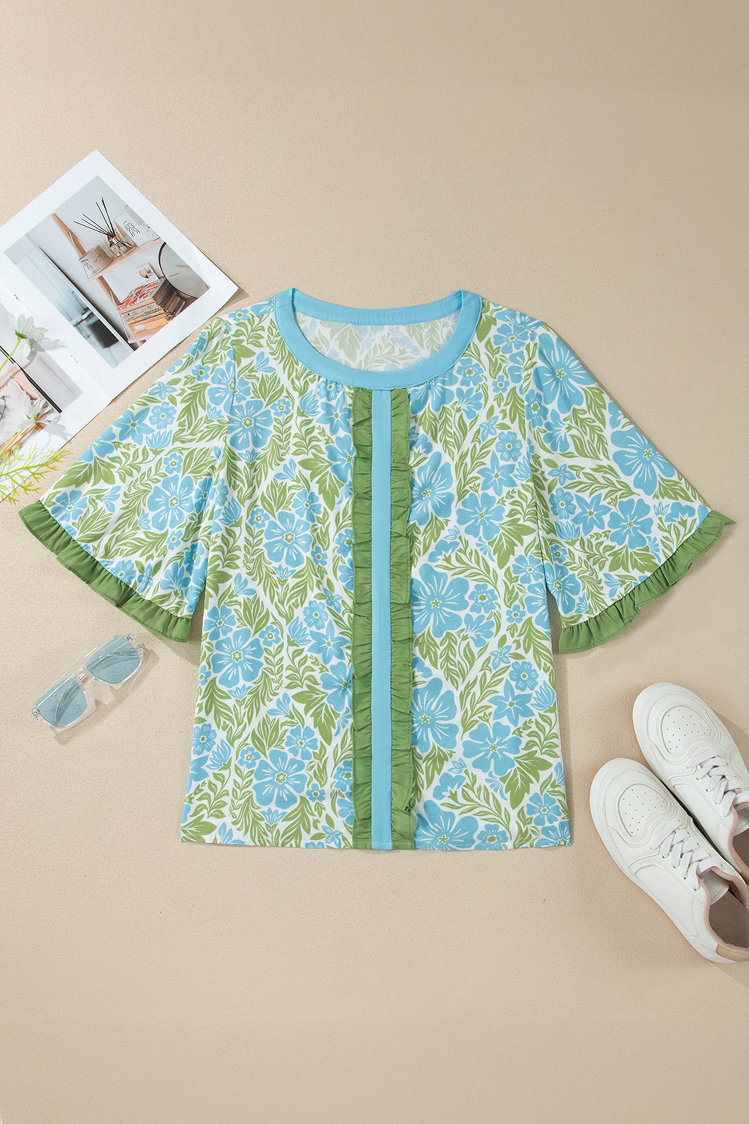 Purple Floral Print Ruffled Color Block Trim Half Sleeve Blouse