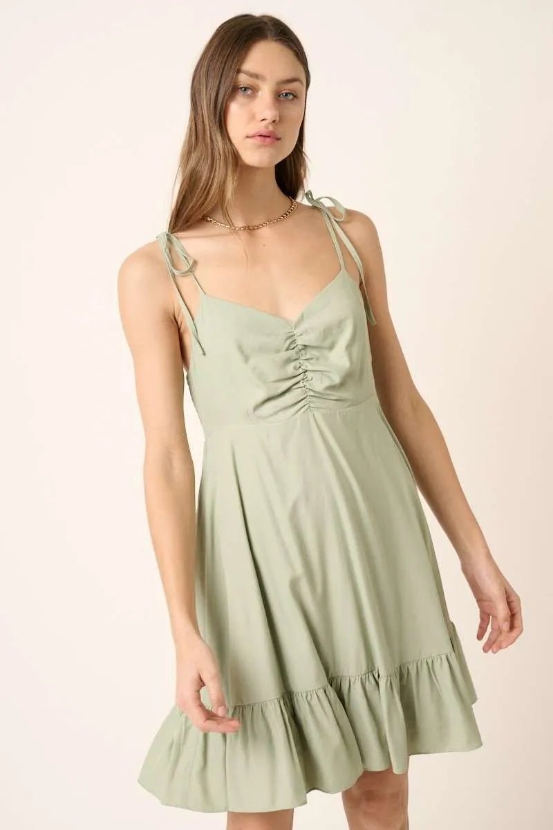 Mittoshop Ruched Detail Spaghetti Tie Mini Dress - SAGE / S