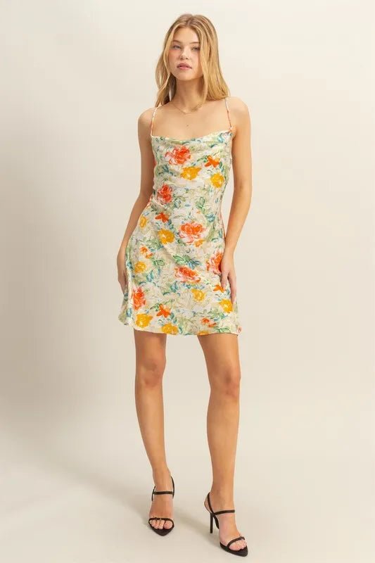 HYFVE Floral Cowl Neck Flirty Satin Mini Dress - APPLE GREEN / S