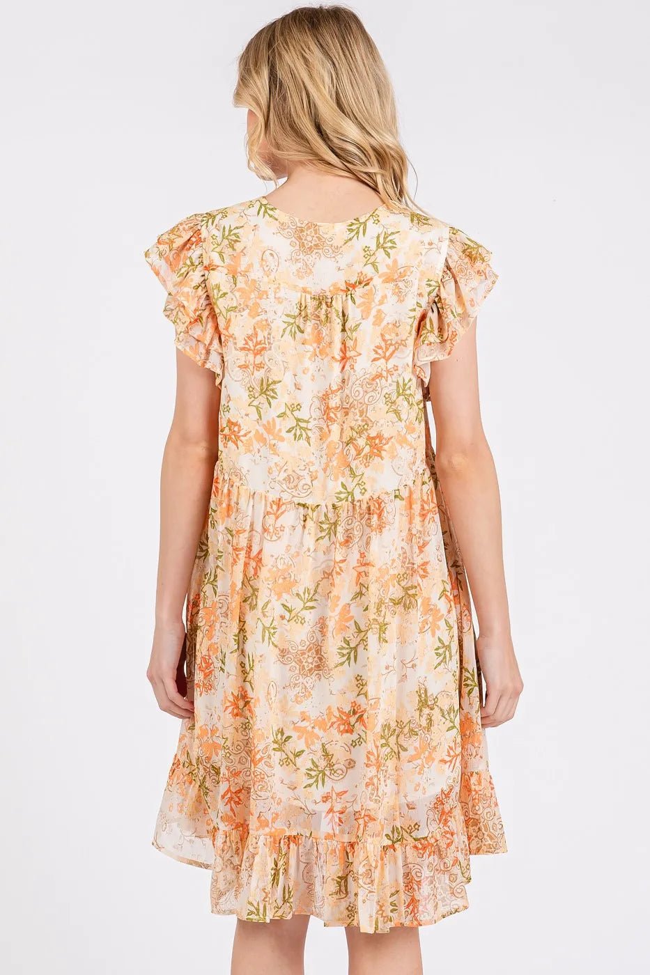 Mittoshop Floral Chiffon Ruffle Short Sleeve Mini Dress - ORANGE MULTI / S
