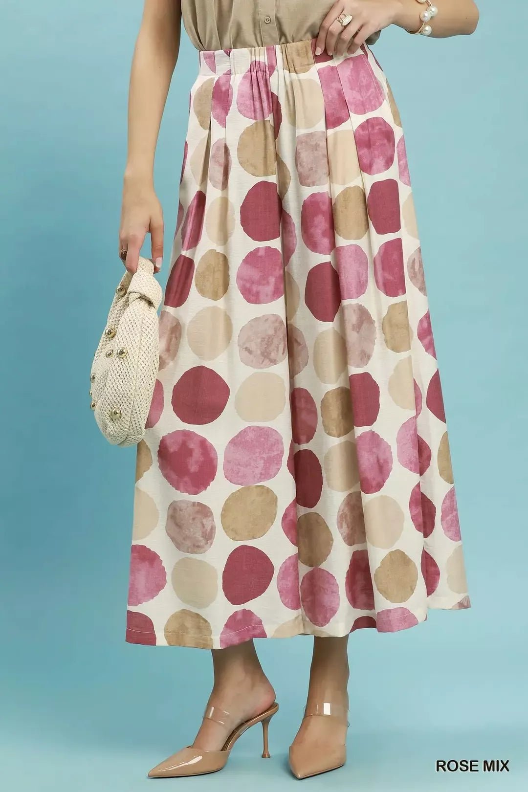 Umgee Dot Print Wide Leg Pants - ROSE MIX / S