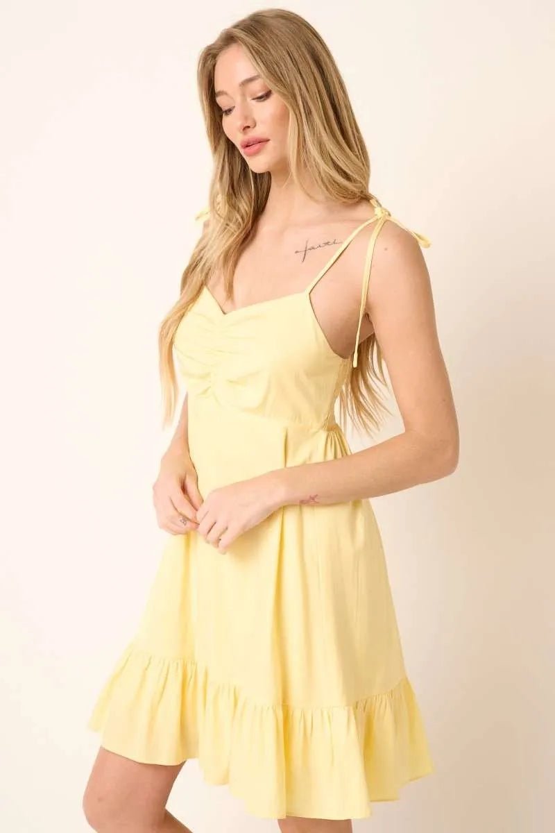 Mittoshop Ruched Detail Spaghetti Tie Mini Dress - YELLOW / S