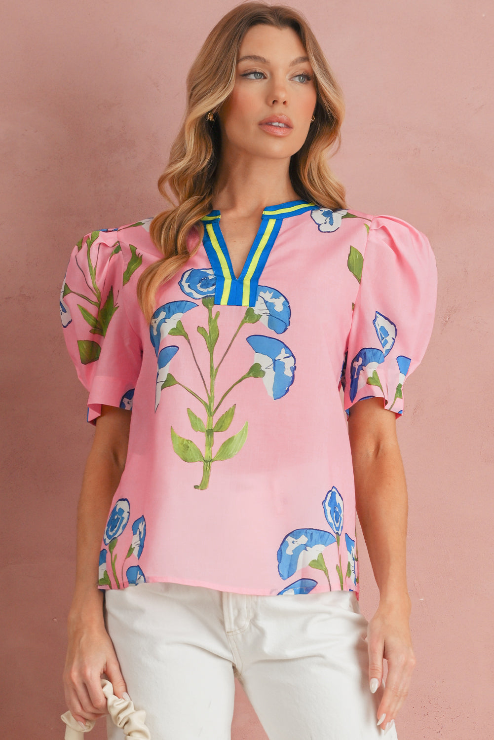 Pink Puff Sleeve Floral Pop of Color Neckline Blouse