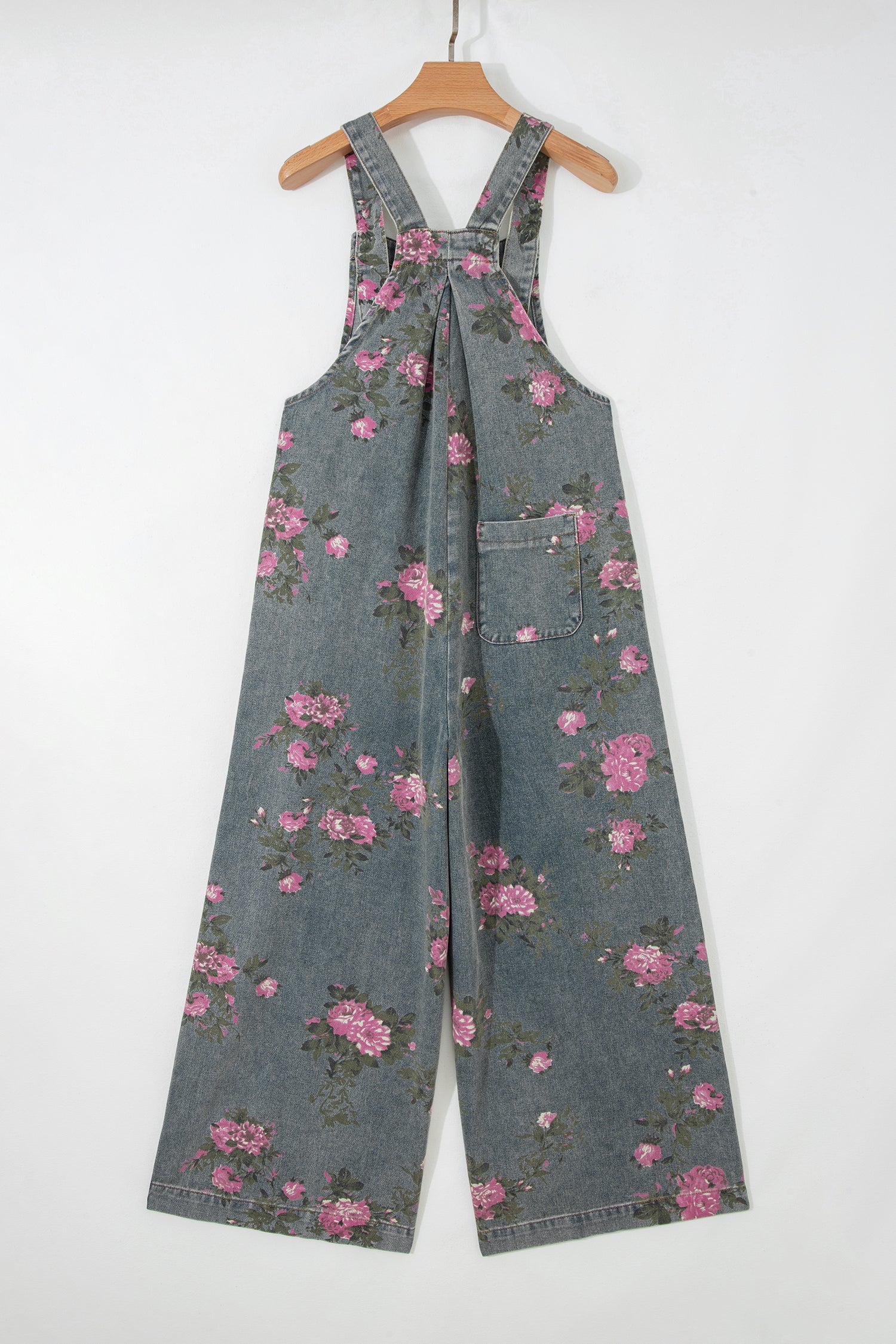 Beau Blue Floral Print Pleated High Waist Wide Leg Denim Jumpsuit
