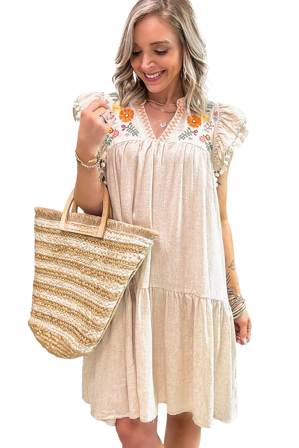 Jet Stream Linen Embroidery Split Neck Pom Pom Ruffle Sleeve Short Dress
