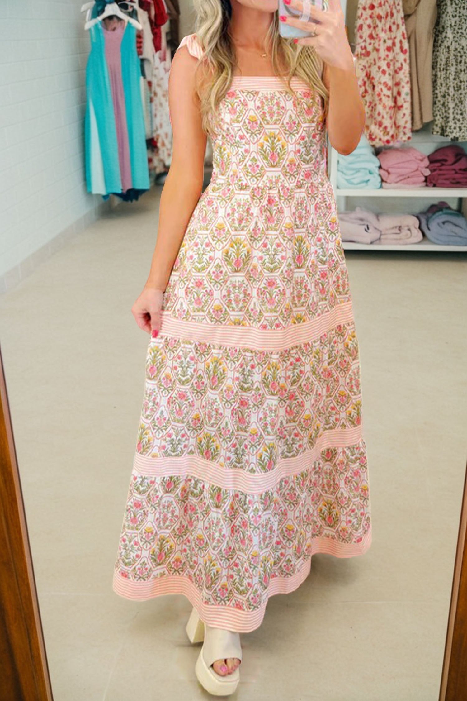 Green Geometric Floral Print Striped Patchwork Detail Sleeveless Dress