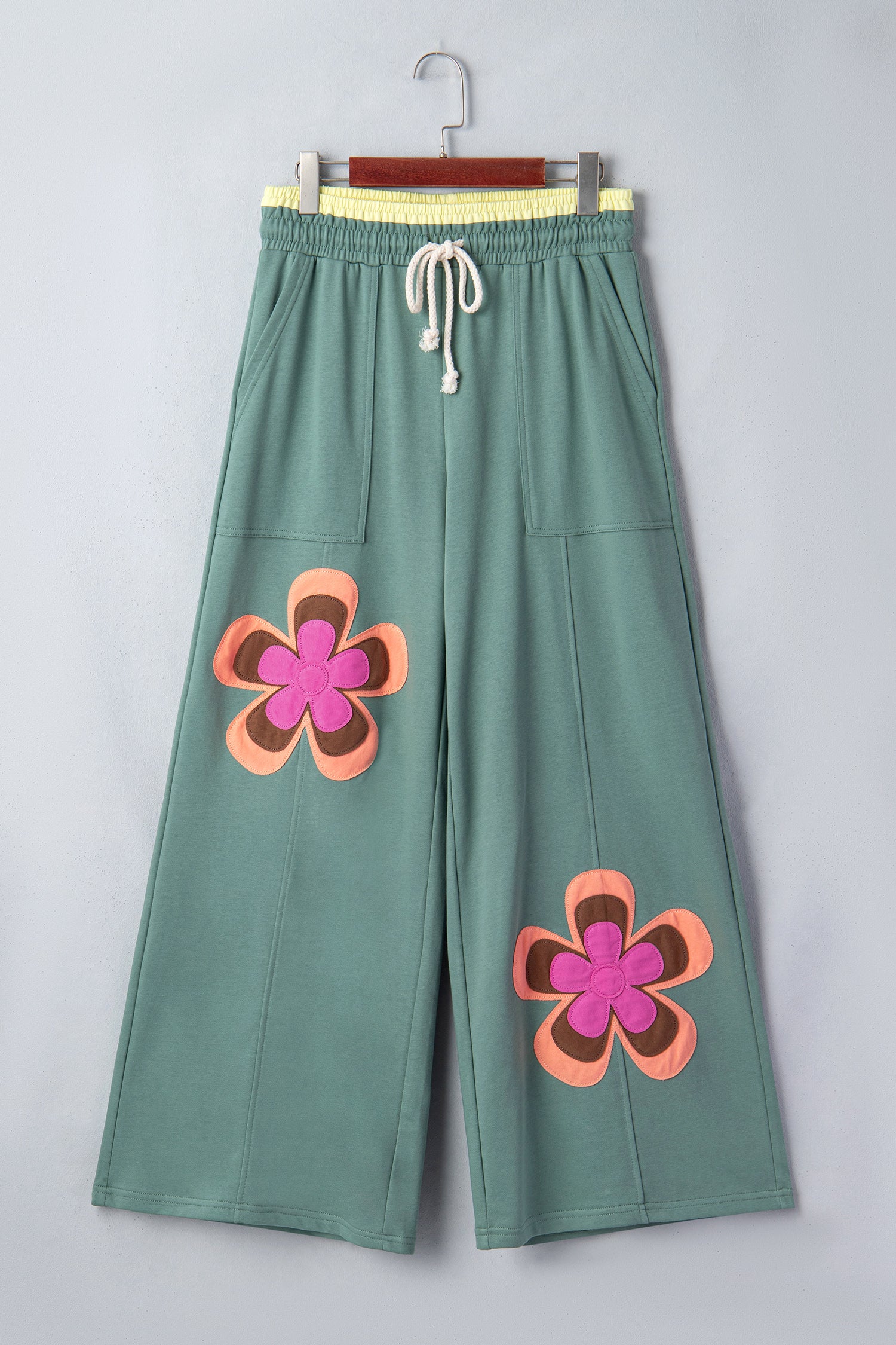 Grapefruit Orange Color Block Flower Patchwork Drawstring Contrasted Elastic Waist Wide Leg Pants