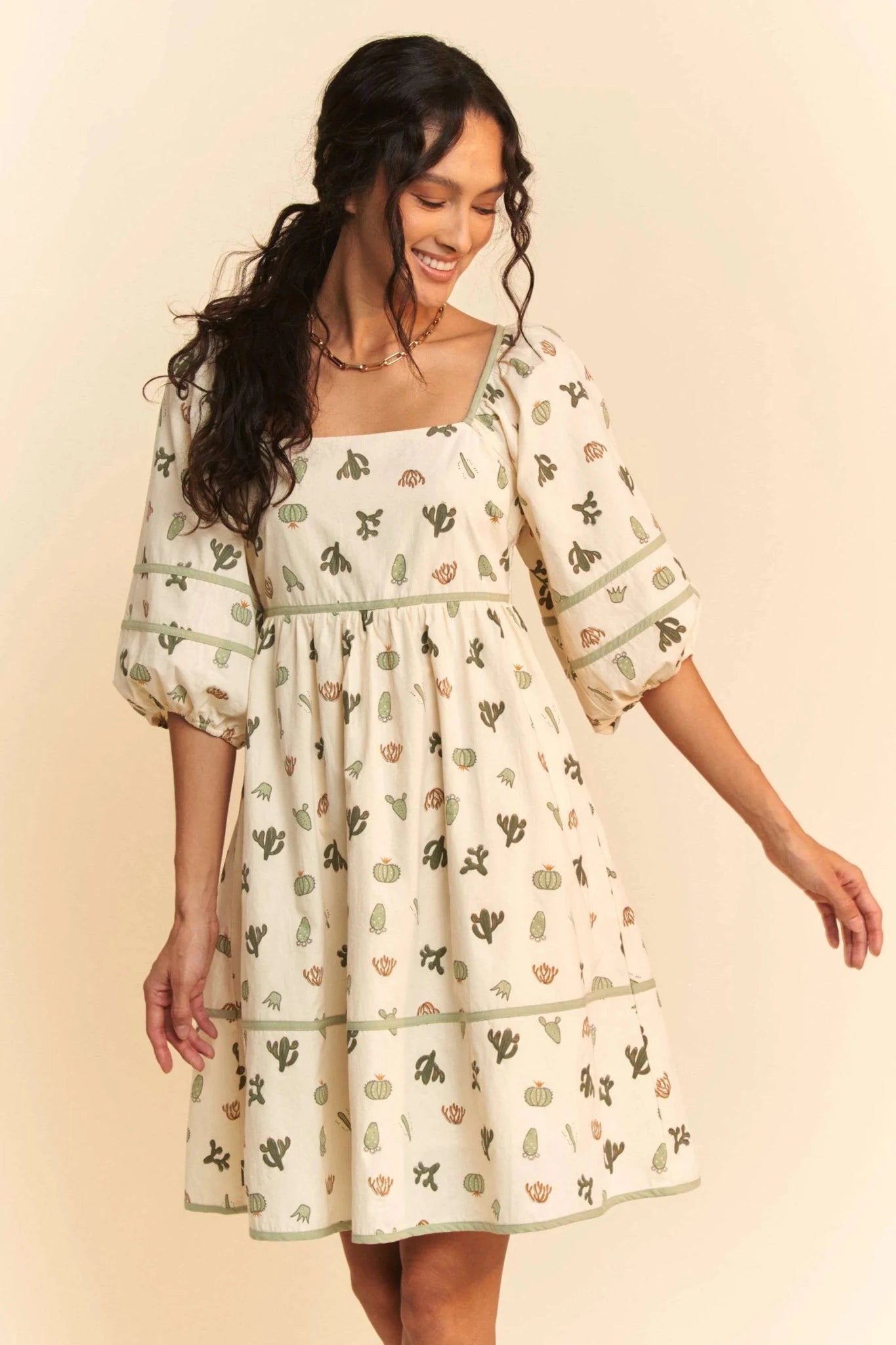 Davi & Dani Cactus Printed Poplin Contrast Piping Mini Dress - CREAM/GREEN / S