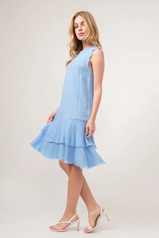 And The Why Washed Fringe Detail Tiered Dress - Baby Blue / S