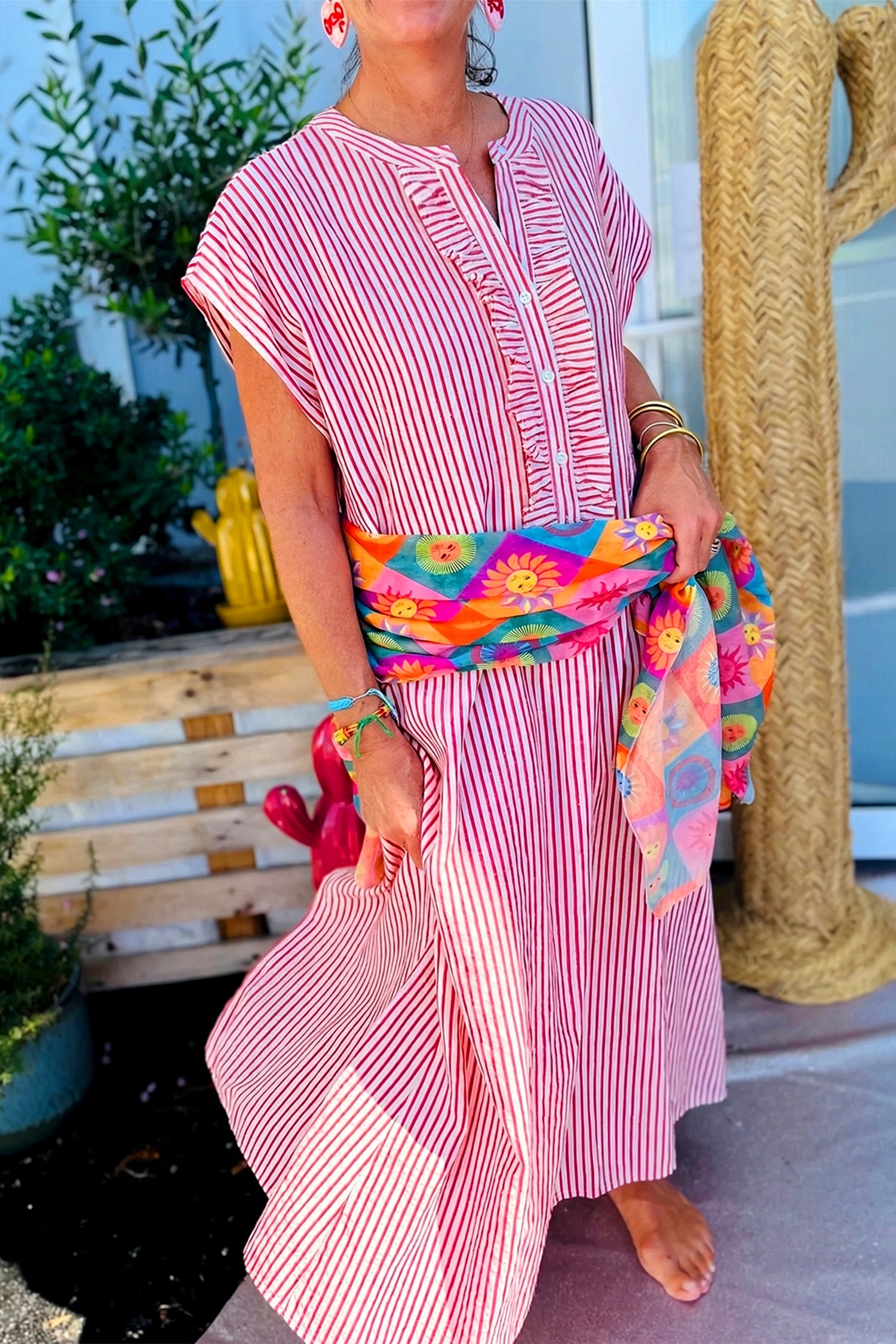 Black Stripe Frilled Detail Half Buttons Short Sleeve Long Dress