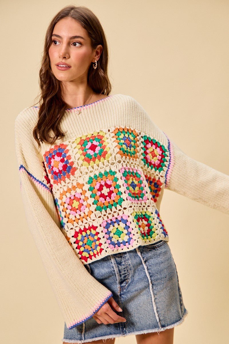 SO ME Multi Color Granny Crochet Lace Sweater Top - CREAM COMBO / S