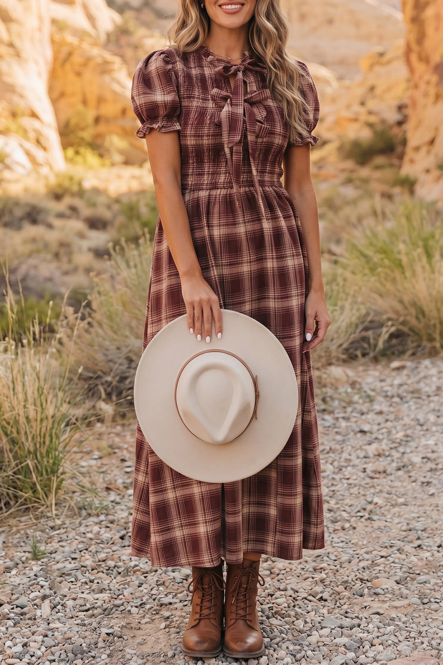 Red Vintage Plaid Midi Dress with Puff Sleeves and Tie Neckline for Daily Wear