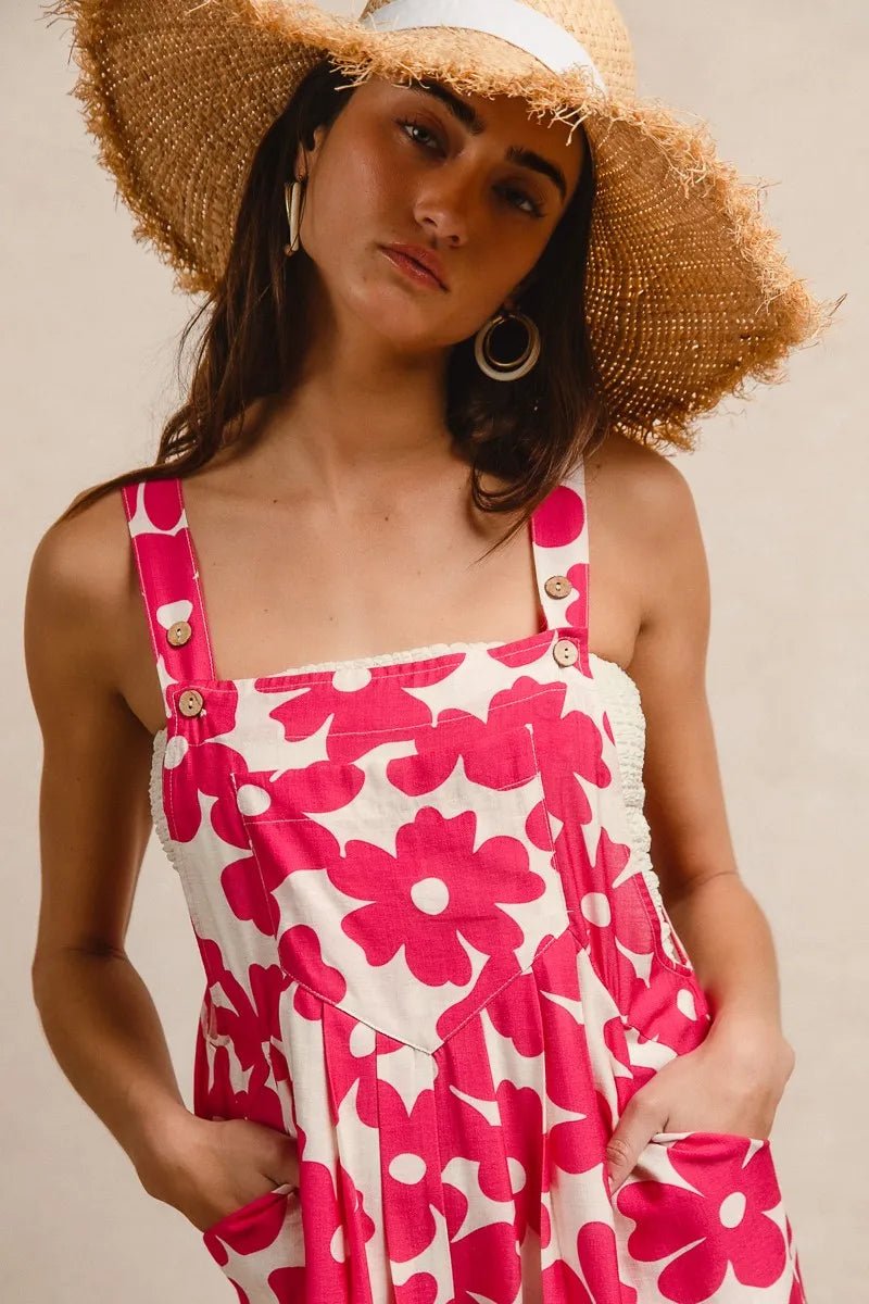 BiBi Floral Prints Tuck Detail Short Overall With Pockets - FUCHSIA / S