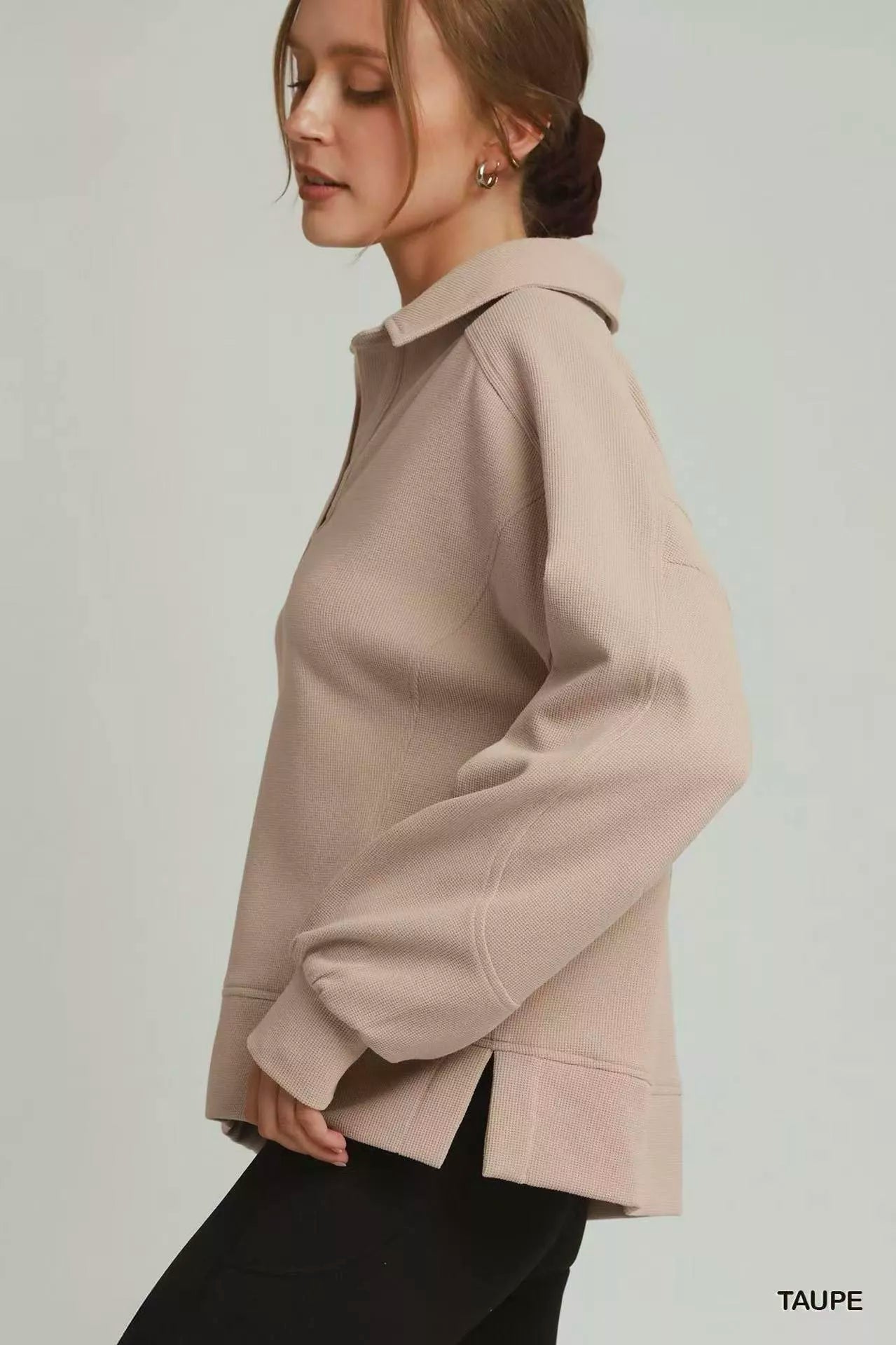 Umgee Brushed Waffle Polo Collared Pullover - TAUPE / S