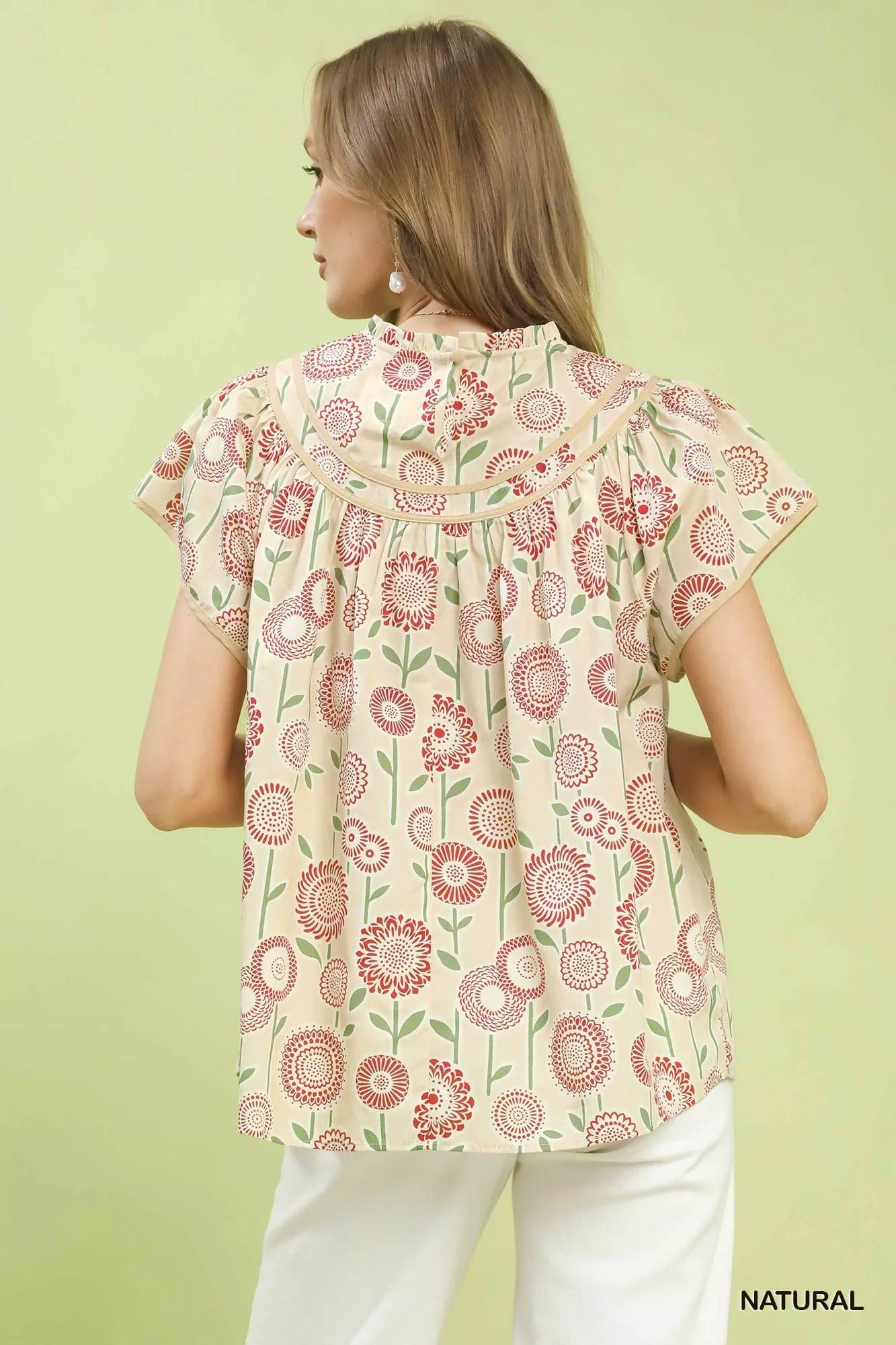 Umgee Retro Floral Smocked Babydoll Blouse - NATURAL / S