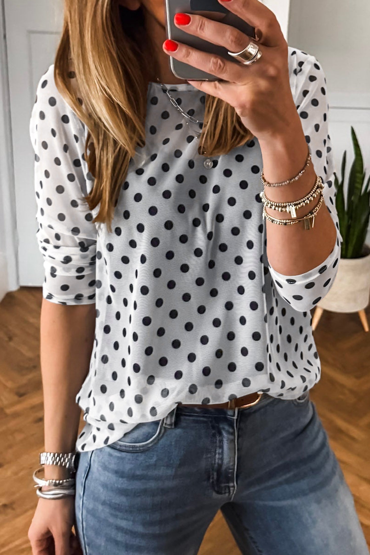 Black Polka Dot Round Neck Long Sleeve Shift Pullover