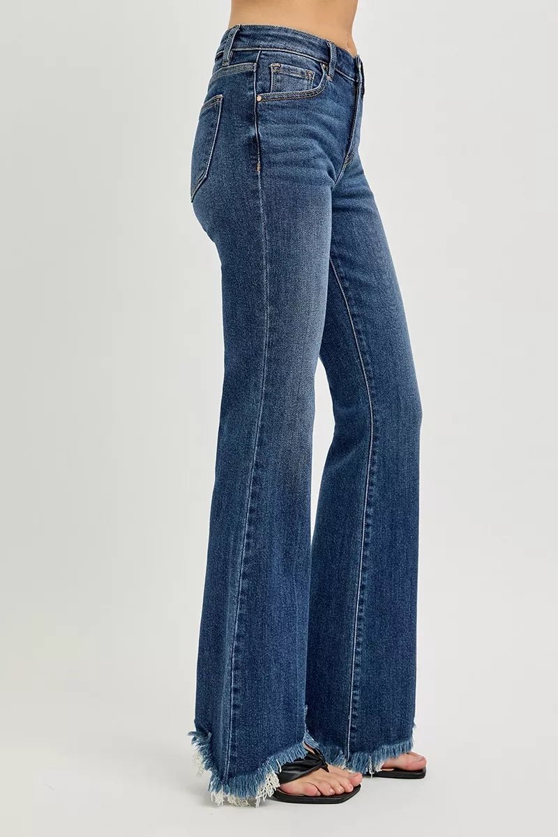 RISEN Full Size Mid Rise Flare Frayed Hem Jeans Plus Size - DARK / 0
