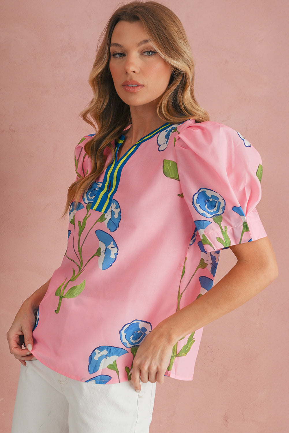 Pink Puff Sleeve Floral Pop of Color Neckline Blouse