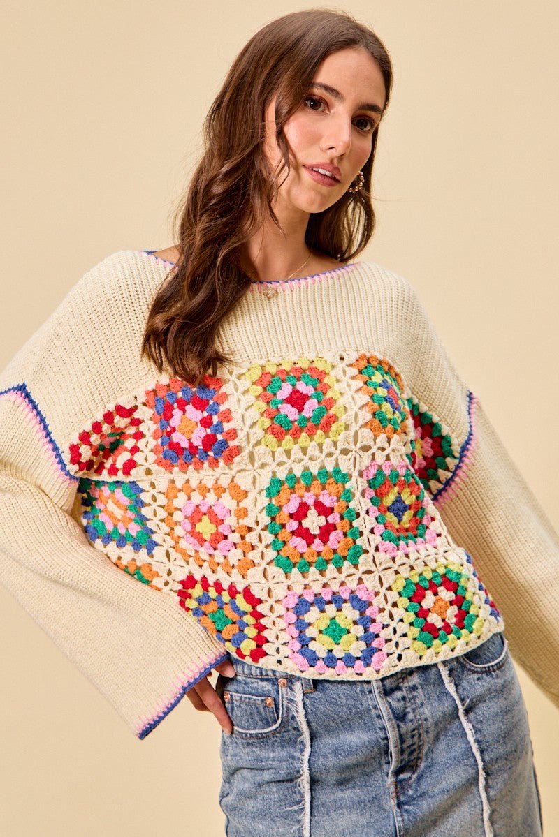 SO ME Multi Color Granny Crochet Lace Sweater Top - CREAM COMBO / S