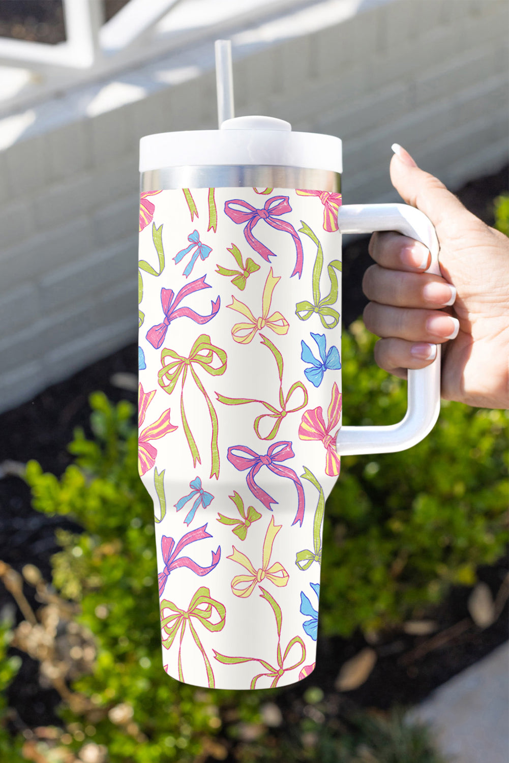 White Bow Knot Print Large Stainless Steel Vacuum Cup