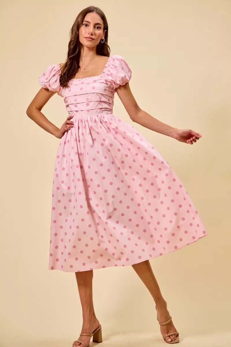 SO ME Polka Cotton Print Short Sleeves Midi Dress - PINK / S