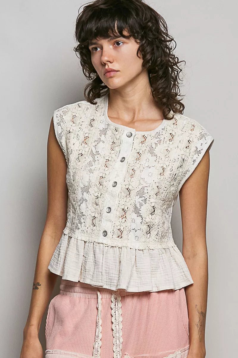 POL Round Neck Lace Sleeveless Top with Double Gauze Ruffle - NATURAL / S