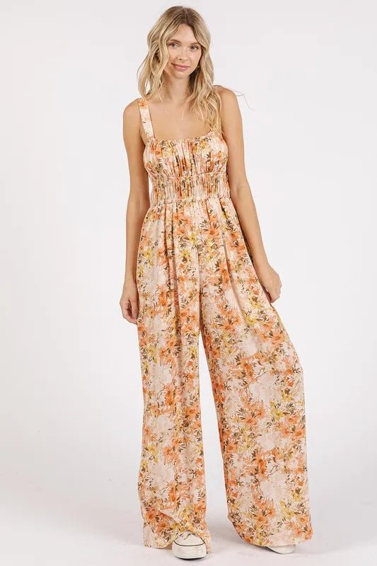 Mittoshop Flower Print Gathered Bust Sleeveless Jumpsuit - Ginger / S