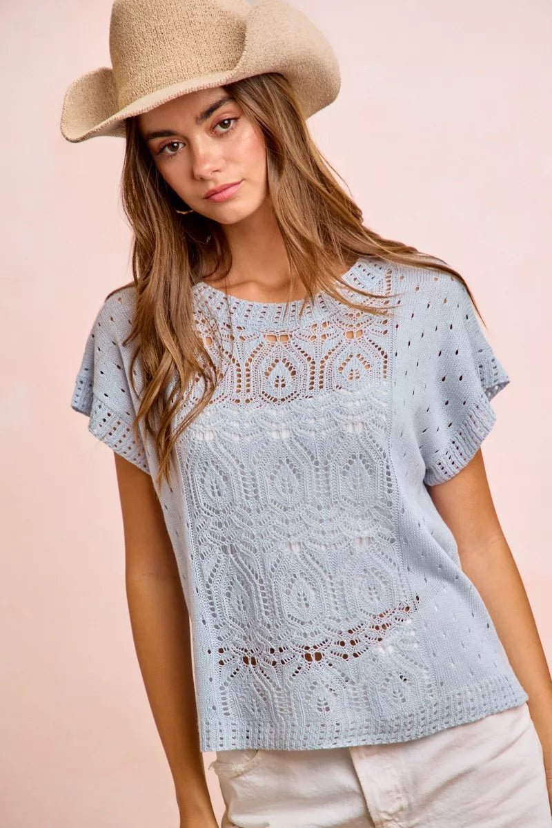 BiBi Washed Eyelet Short Sleeve Breathable Knit Top - Washed Ice Blue / S