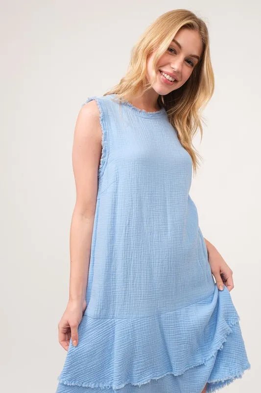 And The Why Washed Fringe Detail Tiered Dress - Baby Blue / S