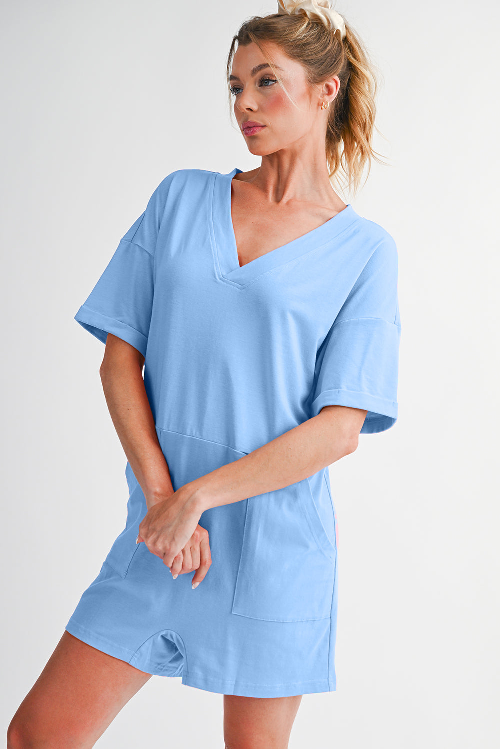 Grass Green Loose Half Sleeve V Neck Plain Romper