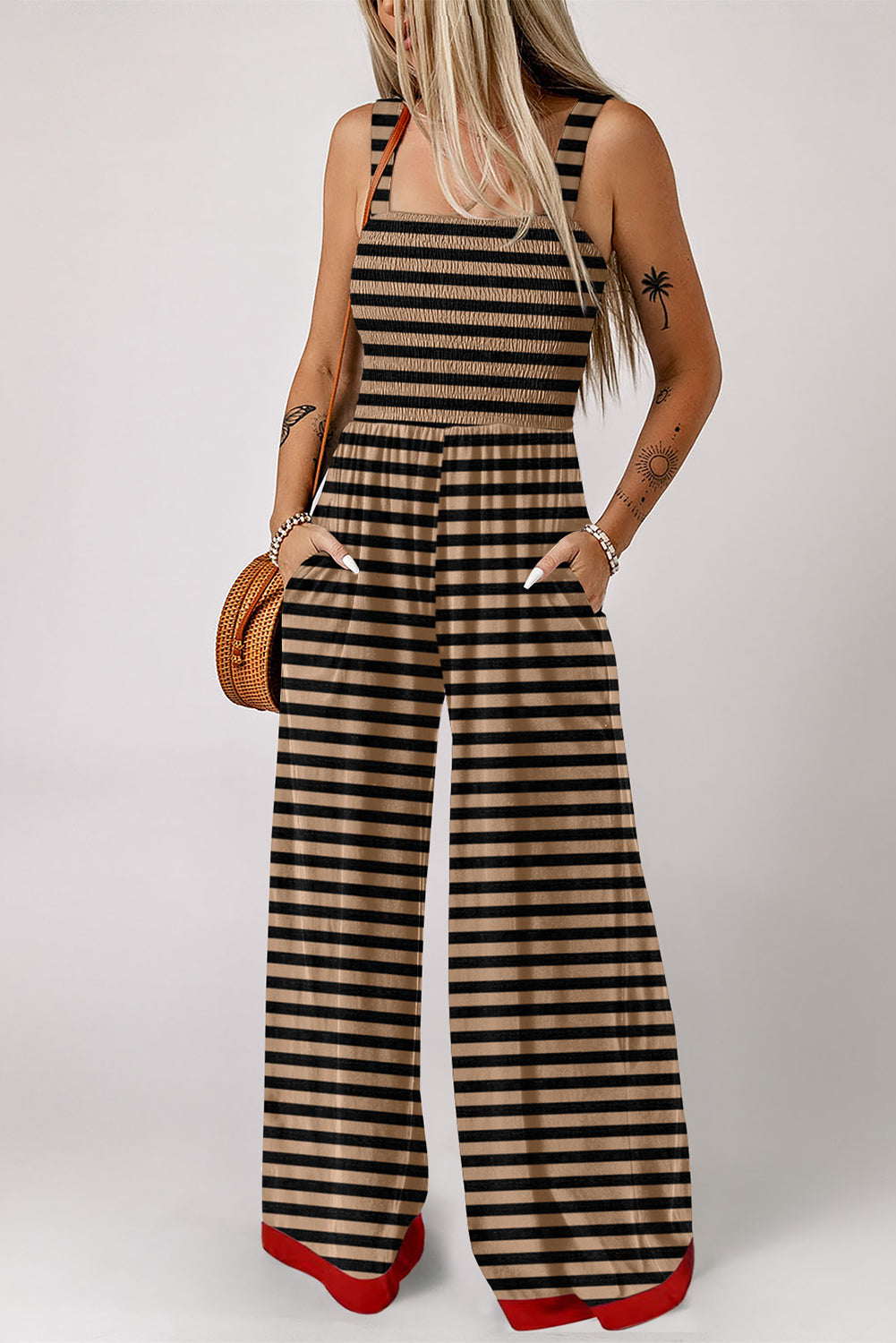 Green Stripe Square Neck Shirred Wide Leg Jumpsuit