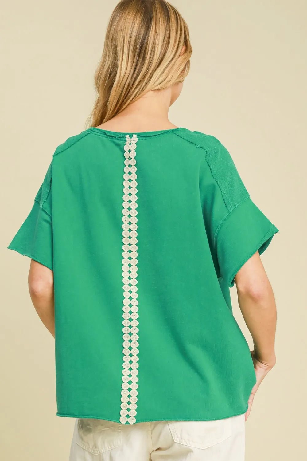 Umgee Full Size Mineral Wash T-Shirt with Lace Applique Plus Size - Green / S