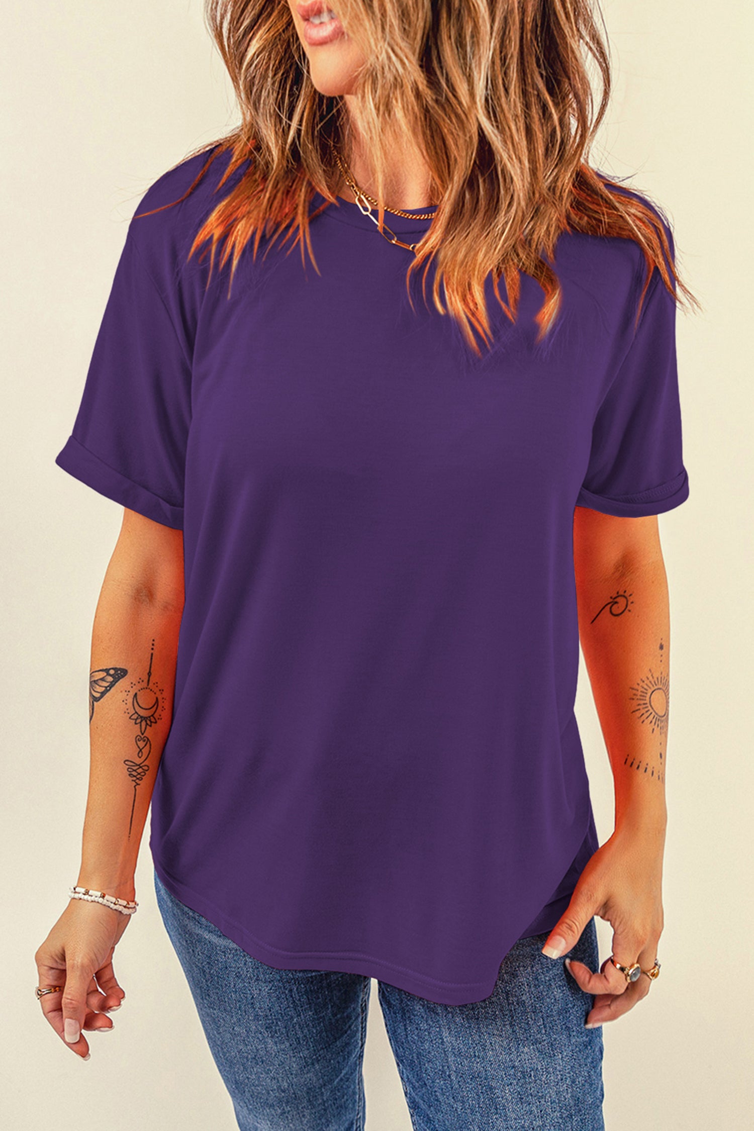 Sachet Pink Solid Color Basic Crew Neck Plain Tee